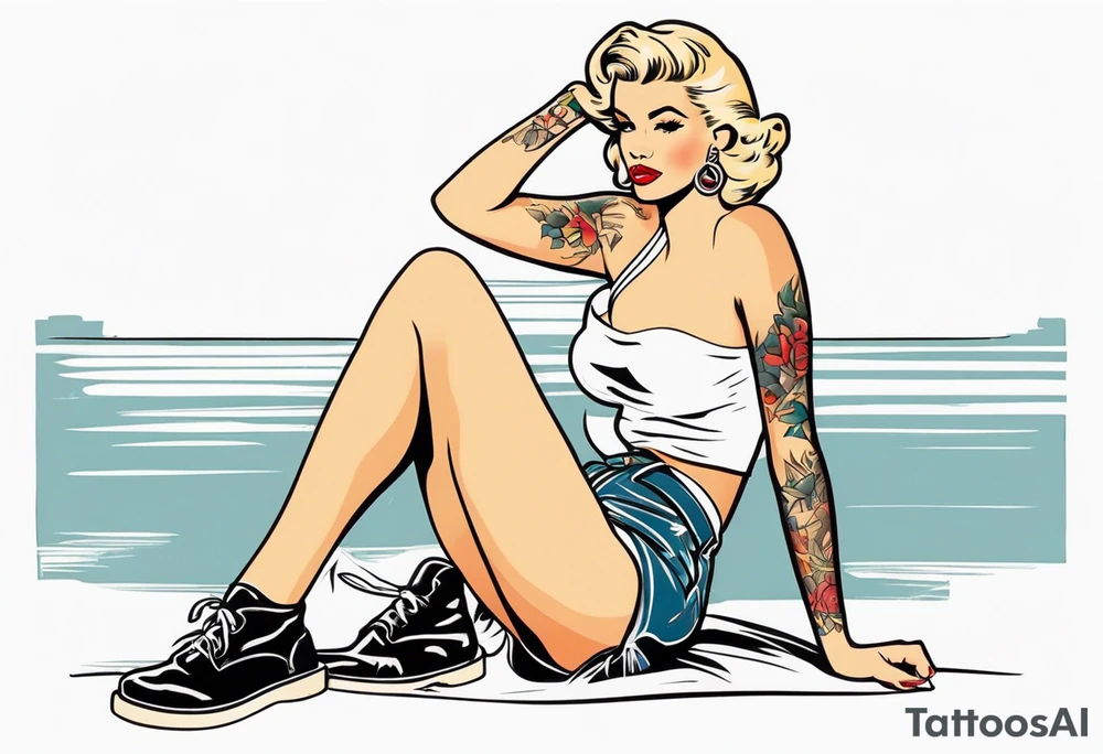 American Traditional pinup girl sitting with blonde hair tattoo idea