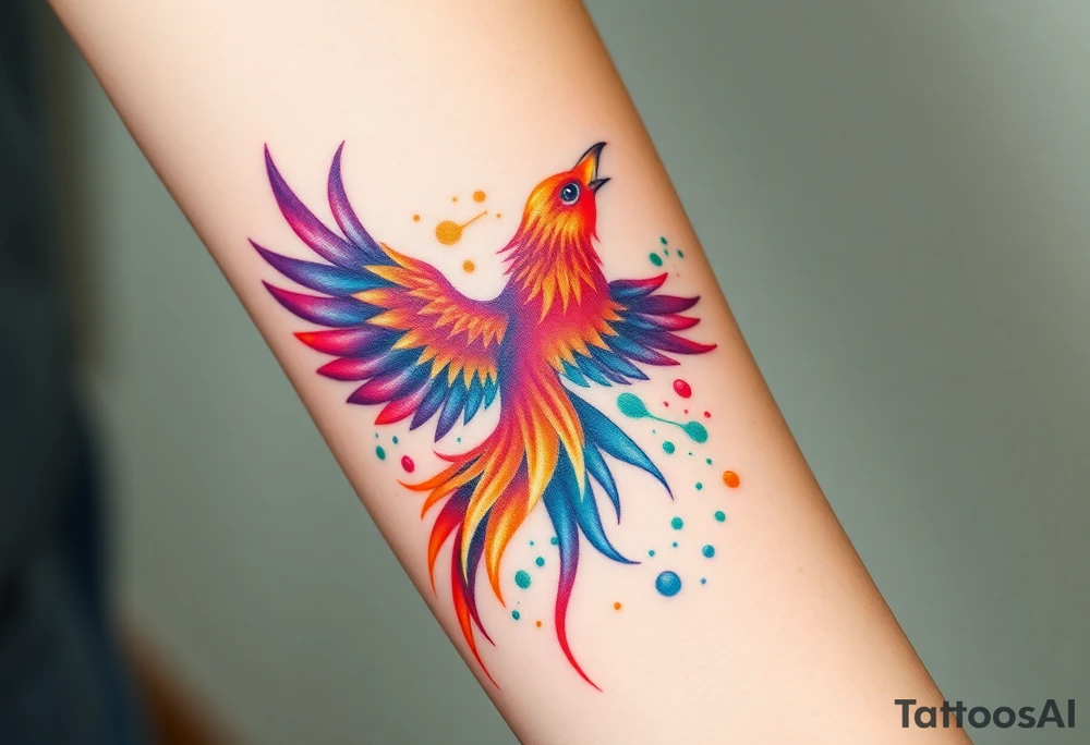 Phoenix in flames with purple, blue, orange, teal and green splashes, looking upwards with sharp eye. No outline. tattoo idea