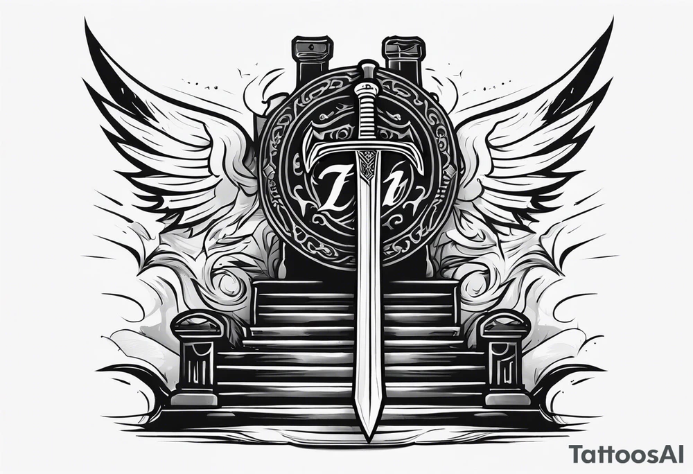 Valhalla sword shield axe 
stairs fog tattoo idea
