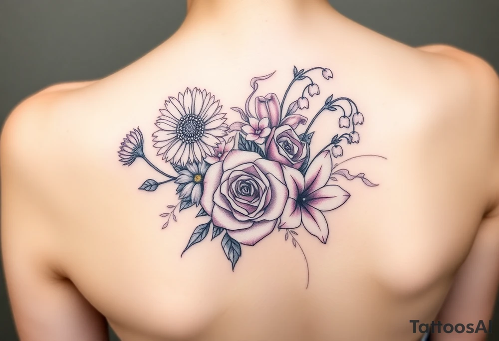 Bouquet of flowers with a aster, carnation, rose, Lily of the valley, delphinium with stems Starting upper middle back to right shoulder tattoo idea