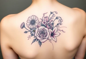 Bouquet of flowers with a aster, carnation, rose, Lily of the valley, delphinium with stems Starting upper middle back to right shoulder tattoo idea