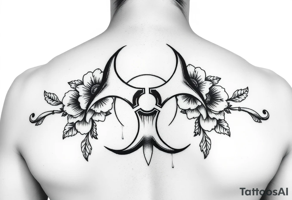 floral biohazard symbol in old school style black ink. tattoo idea