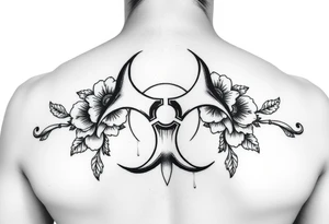 floral biohazard symbol in old school style black ink. tattoo idea