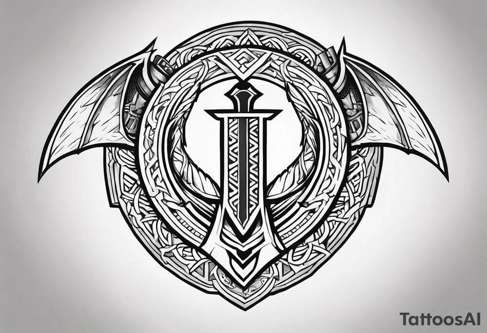 Valhalla sword shield dragon axe Valknut tattoo idea