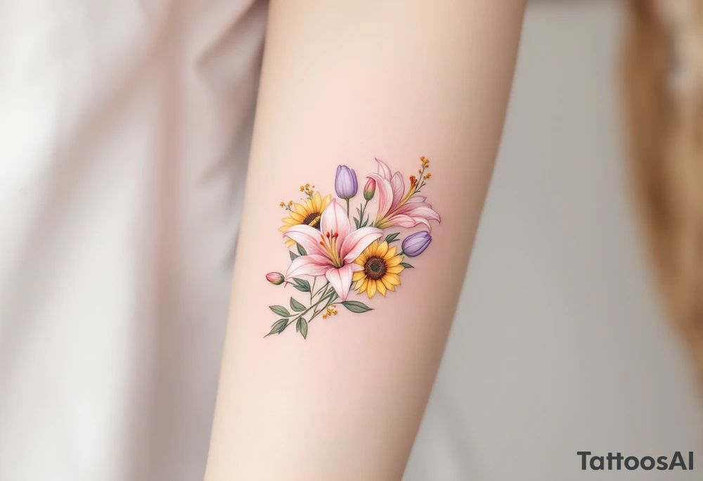 Dainty Stargazer lillies pale pink with no outline 
with small yellow sunflowers and pale purple tulip buds in a dainty wildflower bouquet with light green stems tattoo idea