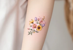 Dainty Stargazer lillies pale pink with no outline 
with small yellow sunflowers and pale purple tulip buds in a dainty wildflower bouquet with light green stems tattoo idea