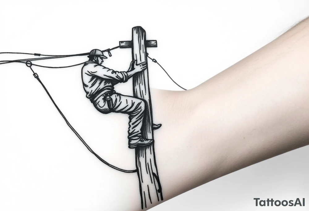 power lineman climbing a wooden 12kv pole. Make the pole a cross that has a hidden resemblance to god. tattoo idea