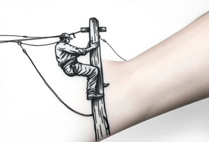 power lineman climbing a wooden 12kv pole. Make the pole a cross that has a hidden resemblance to god. tattoo idea