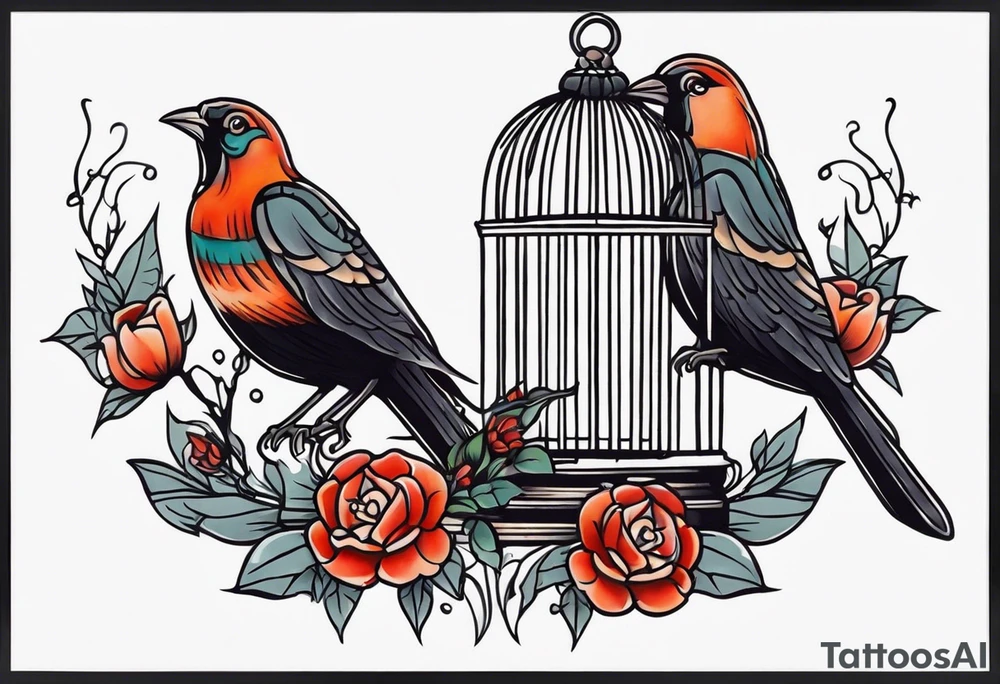 neo traditional decoration only on the left side, on the top of a long bird cage tattoo idea