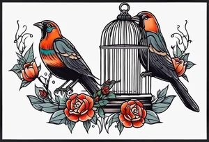 neo traditional decoration only on the left side, on the top of a long bird cage tattoo idea