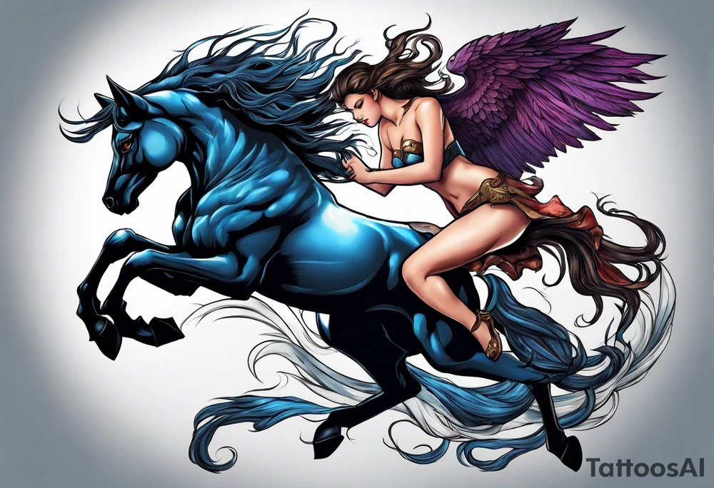 Feminine werewolf and Pegasus fighting in the night tattoo idea