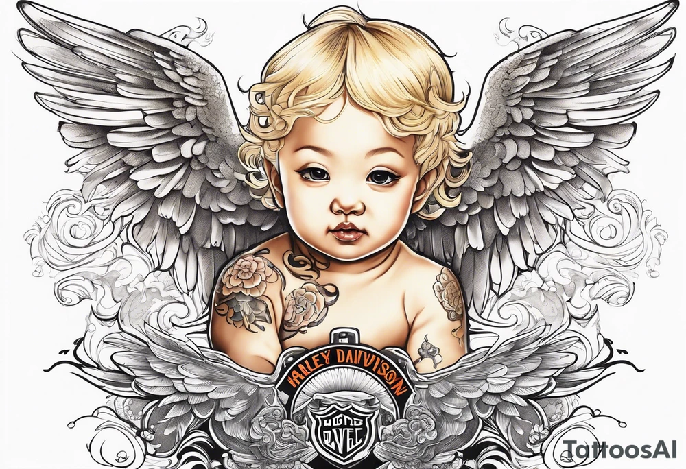 white, blonde cherub with harley davidson wings tattoo idea