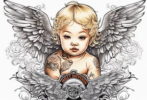 white, blonde cherub with harley davidson wings tattoo idea