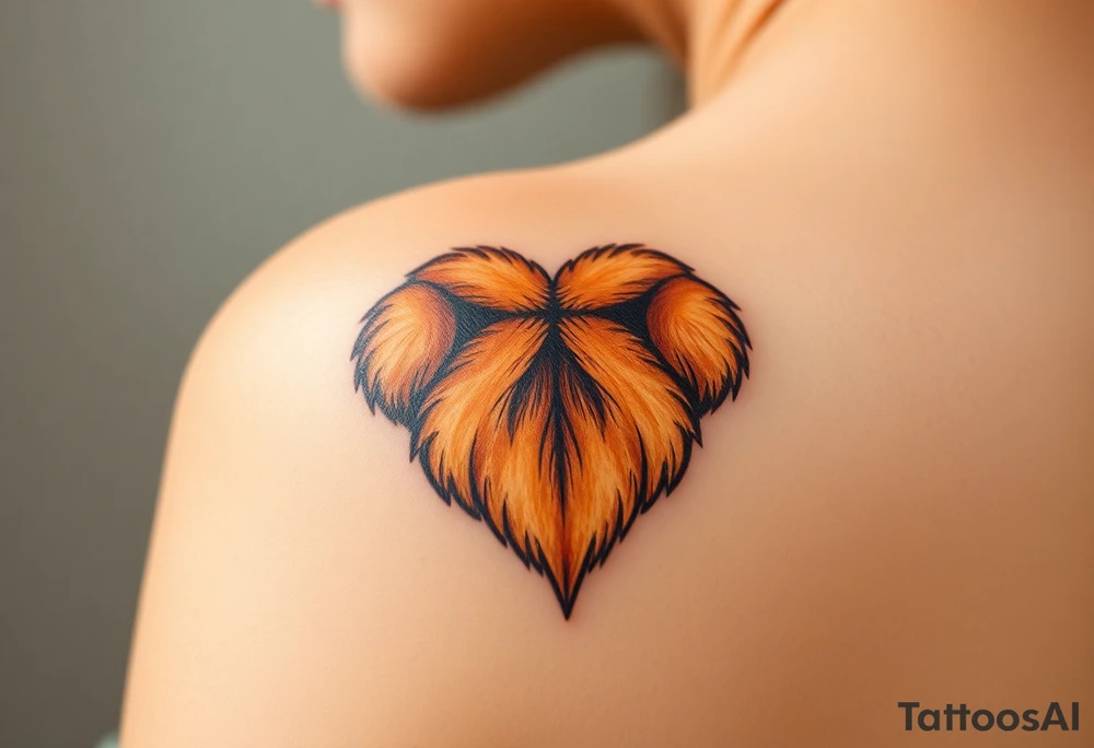 A hyper-realistic dog paw forming a heart, with fine fur details and warm shades of golden brown, caramel, and soft beige for a lifelike effect tattoo idea