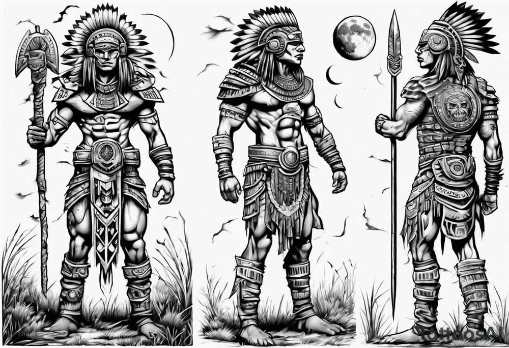 Aztec cyber warrior standing tall after a battle in a field under the moon tattoo idea
