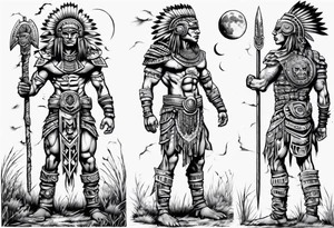 Aztec cyber warrior standing tall after a battle in a field under the moon tattoo idea