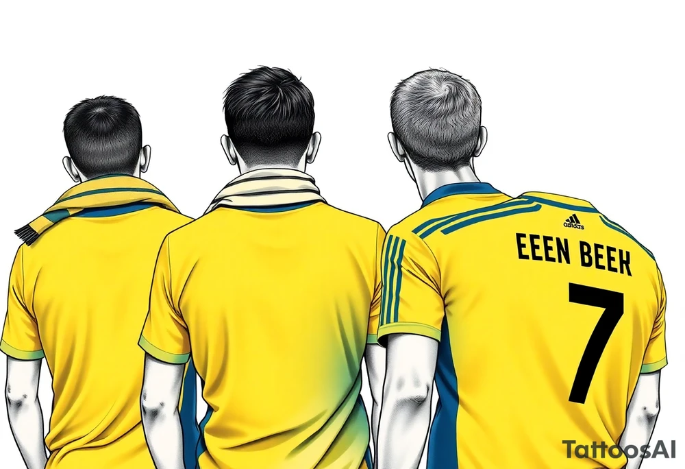 4 soccer fans from their backs, wearing yellow blue shirts. the second one from left having a kid on his shoulders, and he's rising a scarf.
the right one is older and shorter and wearing an shirt with the number 7 on it and has on his shoulders line like adidas tattoo idea