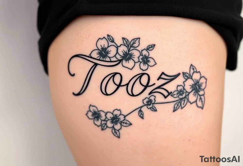 Tooz in cursive surrounded by hibiscus flowers tattoo idea