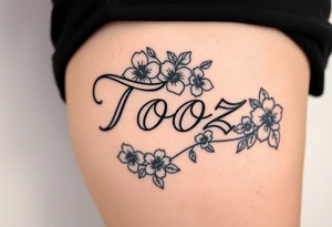 Tooz in cursive surrounded by hibiscus flowers tattoo idea