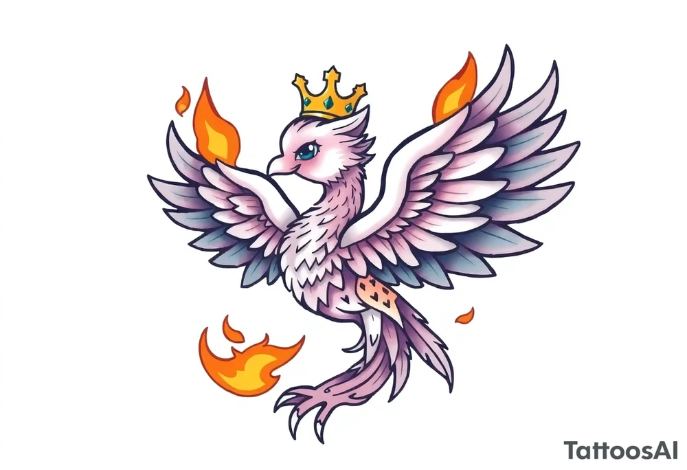cute cartoon Phoenix with crown, engulfed by flames tattoo idea