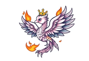 cute cartoon Phoenix with crown, engulfed by flames tattoo idea