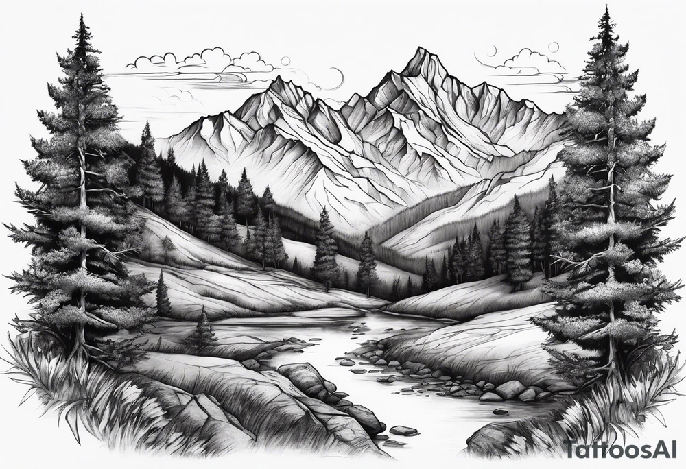 Mountains valley trees tattoo idea