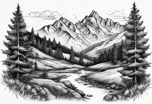 Mountains valley trees tattoo idea