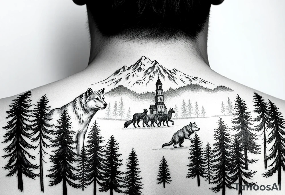 Nature/Landscape

Wolves in a pine forest (extending the tree line you already have)
A Russian bear emerging from the treeline
Snow-capped mountains behind the church scene tattoo idea