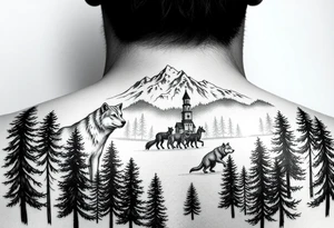 Nature/Landscape

Wolves in a pine forest (extending the tree line you already have)
A Russian bear emerging from the treeline
Snow-capped mountains behind the church scene tattoo idea