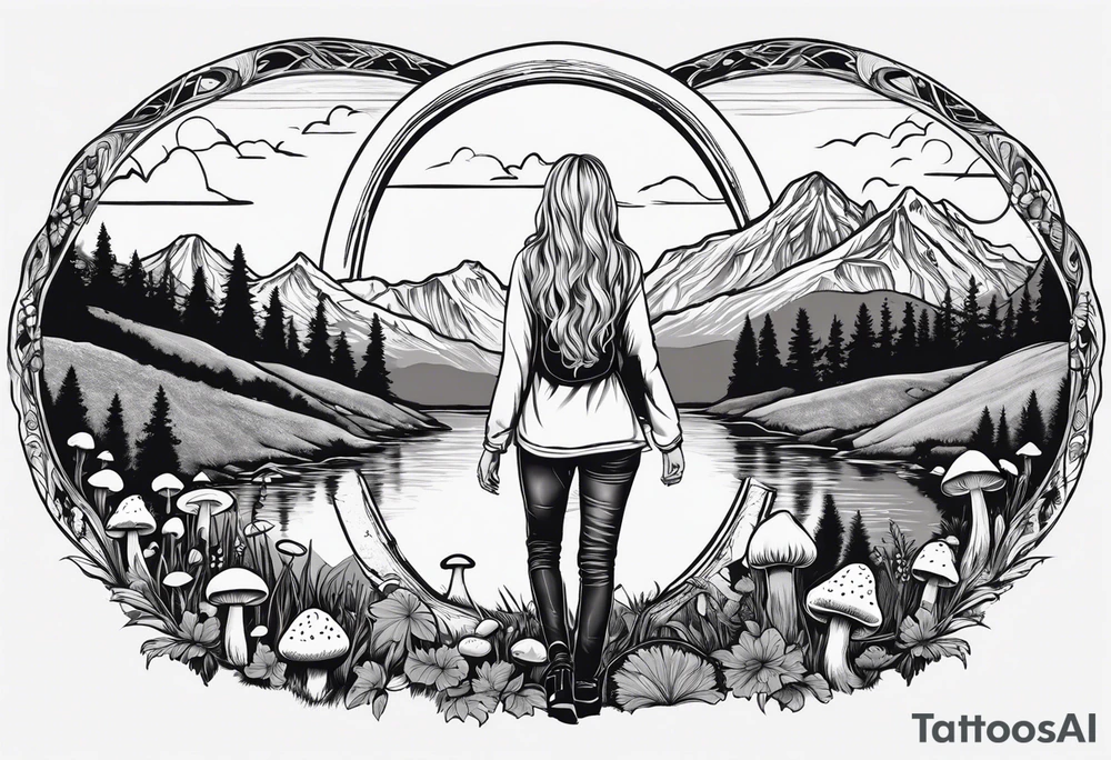 Whole picture encircled fully

Straight long blonde hair hippie girl in distance holding mushrooms in hand facing away toward mountains and creek surrounded by mushrooms long sleeve shirt and hiking pants; whole rendering within a full circle, no cut off circle tattoo idea