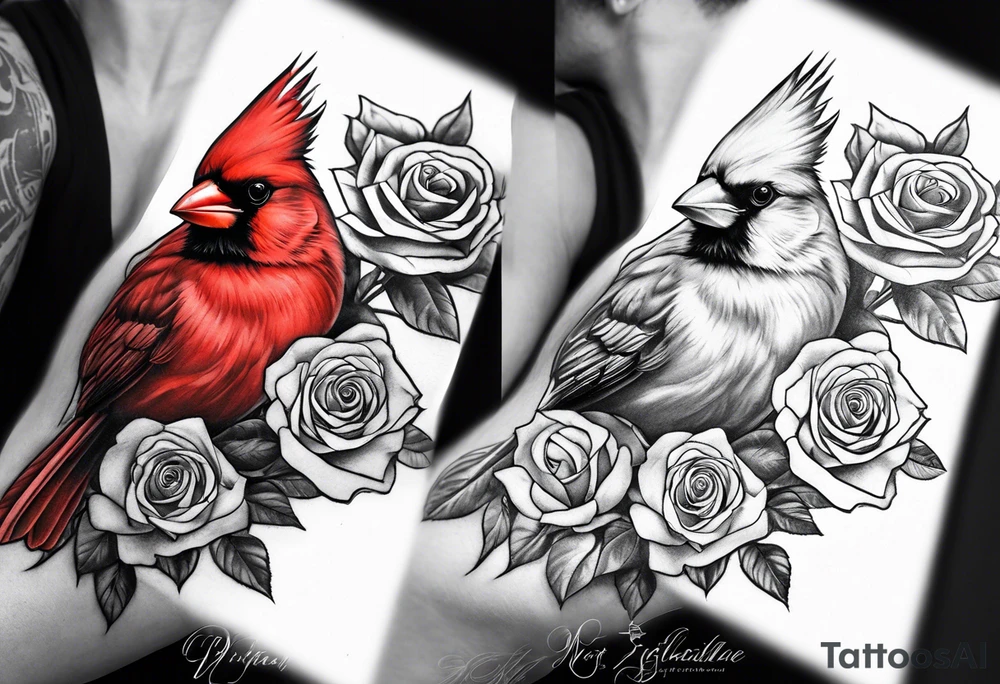 Masculine, cardinal, two roses, realistic, upper arm tattoo idea