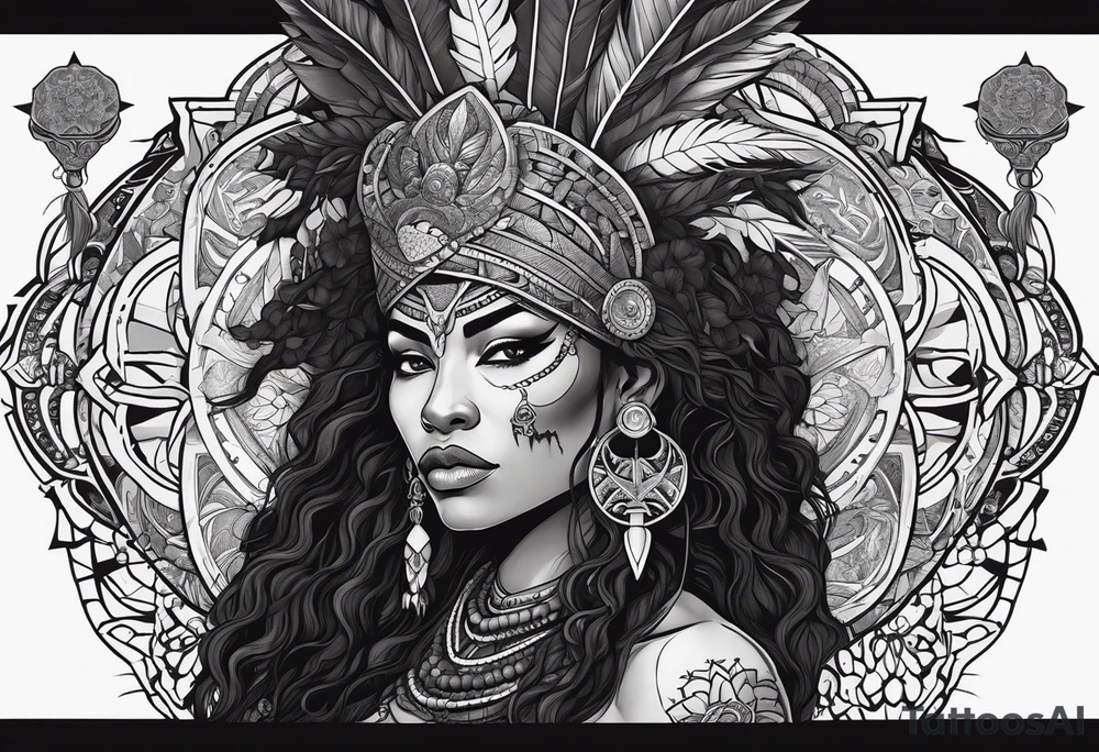 valkrye, kali, pirate, african goddess, , warrior, native american, lotus, zenza resonance, skulls, dragon, pachamama, left side face, chest, right wing, tattoo idea
