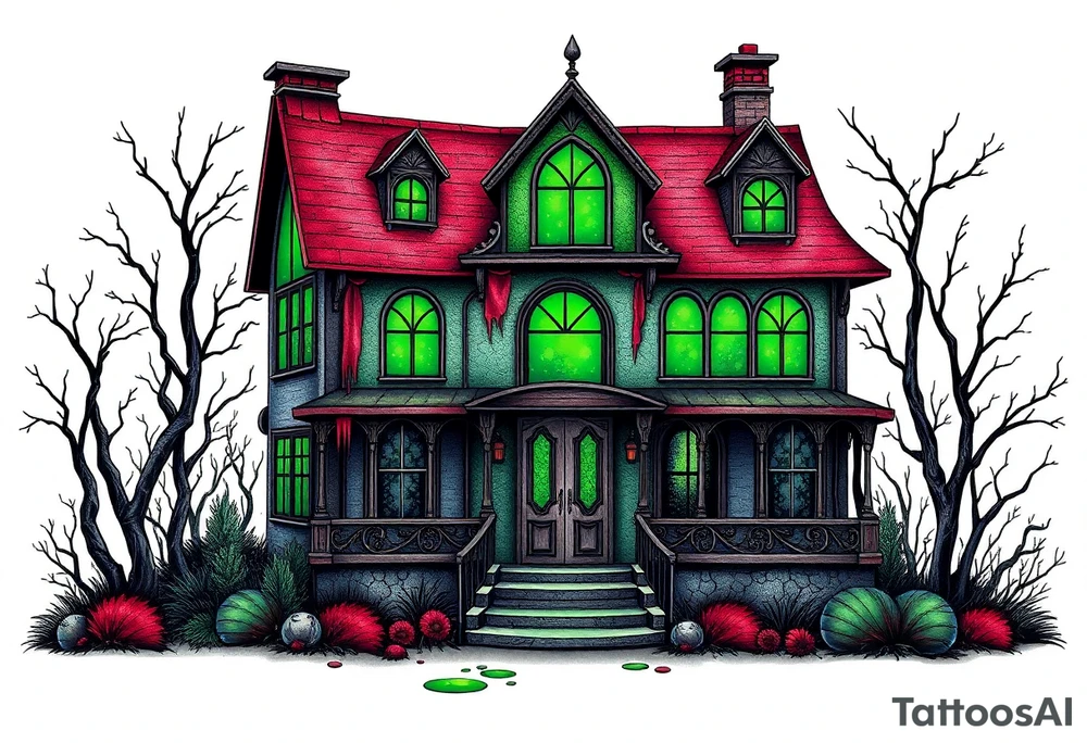 Tim Burton’s glass green house is abandoned and dripping with muted reds, dusty pinks, and eerie green glow. tattoo idea tattoo idea