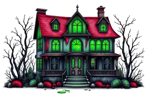 Tim Burton’s glass green house is abandoned and dripping with muted reds, dusty pinks, and eerie green glow. tattoo idea tattoo idea