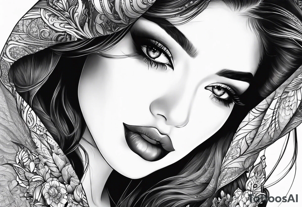 Half of beautiful woman face is invisible because of the fingers tattoo idea