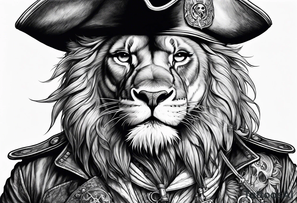Pirate lion wearing jacket, sword and pistol, nautical steampunk theme tattoo idea