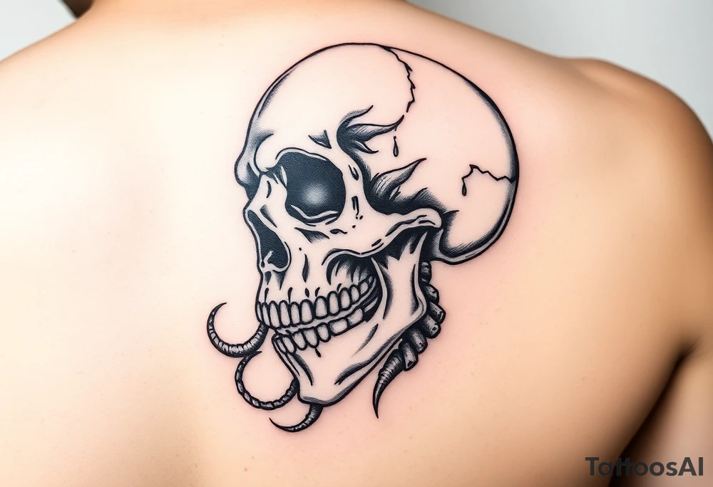 left side of a skull with cordyceps out of its eyes and mouth tattoo idea