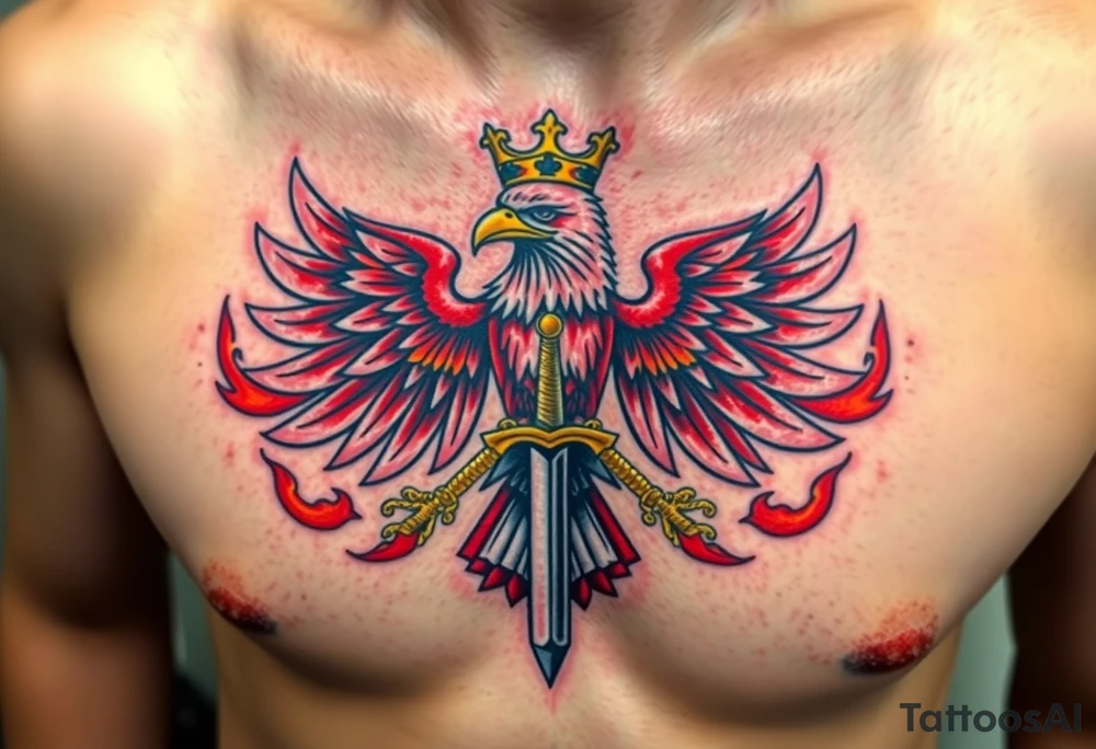 A majestic red and white Moravian eagle with golden crown on its head holding a sword in its talons, surrounded by flames tattoo idea