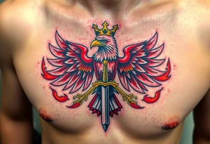 A majestic red and white Moravian eagle with golden crown on its head holding a sword in its talons, surrounded by flames tattoo idea