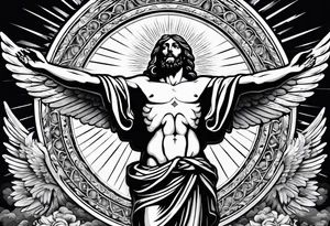 Ascension of crucified Jesus surrounded by angels and sun rays with a dove above his head and the sacred heart image on his chest. tattoo idea