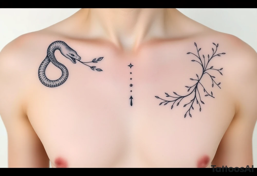 "Design a symbolic, artistic black-ink chest tattoo that spans both collarbones. On the left collarbone, depict a snake gracefully wrapped and coiled around the bone, its head resting near the center of the chest. From the snake’s mouth, instead of venom, delicate leaves are flowing outward — symbolizing letting go, surrender, and release. In the center of the chest, where the sternum lies, include subtle symbolic elements representing trust in the universe — like stars, a tiny spiral, or a soft sunburst — signifying alignment and faith. On the right collarbone, continue the story: flowing lines or abstract shapes that radiate resilience, strength, and hope — suggesting a journey or upward growth, like branches or a phoenix rising. The style should be elegant, fine-line, and minimalistic, yet deeply artistic and symbolic. The design should blend with the natural shape of the collarbones and sternum, evoking quiet power and inner transformation. Light skin tone, soft natural lighting." tattoo idea