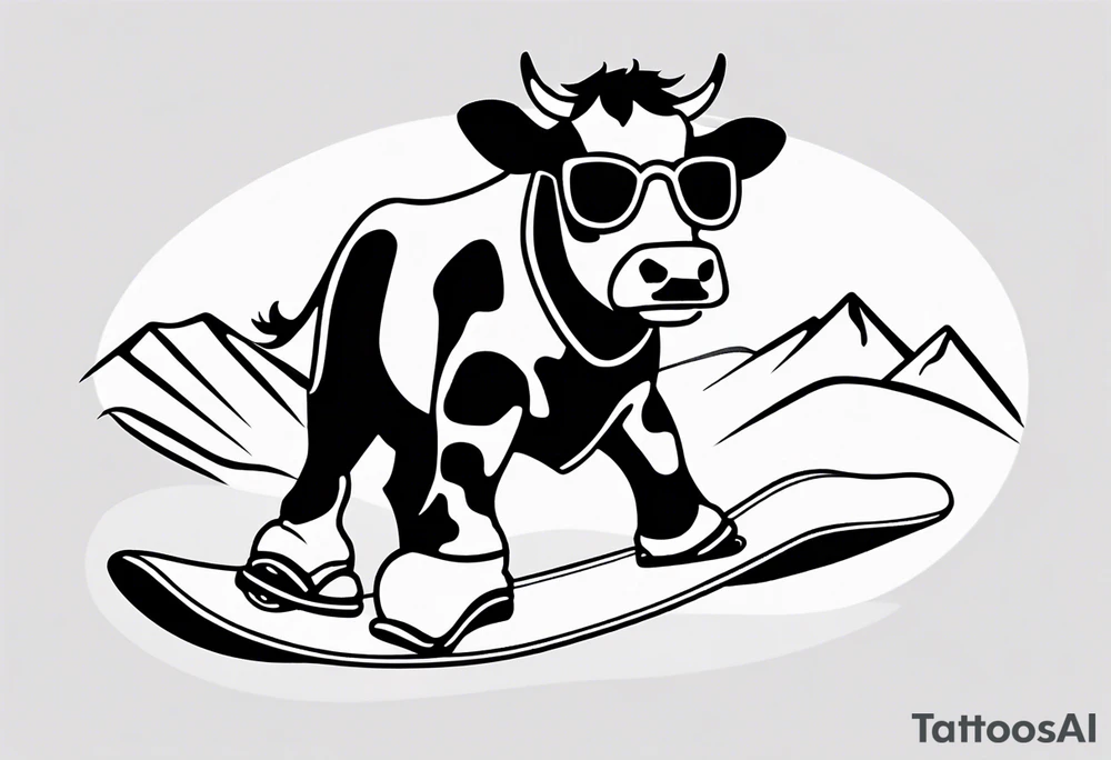 Generate a minimalist and simple black and white tattoo design featuring a joyful cow snowboarding, wearing goggles. Focus on essential lines and details to convey the playful spirit of the scene. The cow should exude confidence while effortlessly snowboarding down a snowy slope. Keep the design clean and uncluttered, suitable for a small to medium-sized tattoo space. Emphasize the charm and whimsy with the addition of goggles, ensuring the overall aesthetic remains simple and minimalistic. The goal is to create a visually appealing and easily recognizable tattoo that captures the essence of a cow enjoying a snowboarding adventure tattoo idea