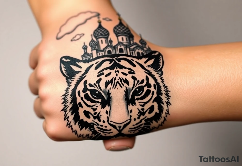 Realistic tiger face on the back of the hand with its eyes ALL black and no pupils, sitting beneath a Russian Orthodox cathedral sitting above on the top fore arm with onion domes and orthodox crosses. with clouds above and a virgin mary tattoo idea