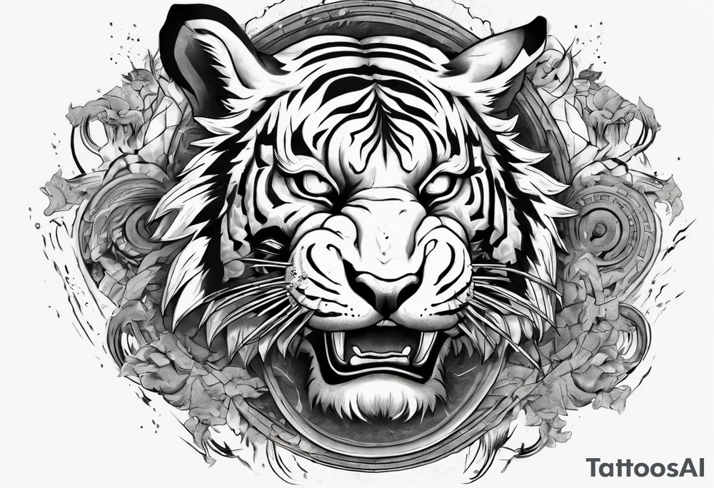 Ancient tiger with lightning and a sun for a forearm sleeve. With patterns surrounding it tattoo idea