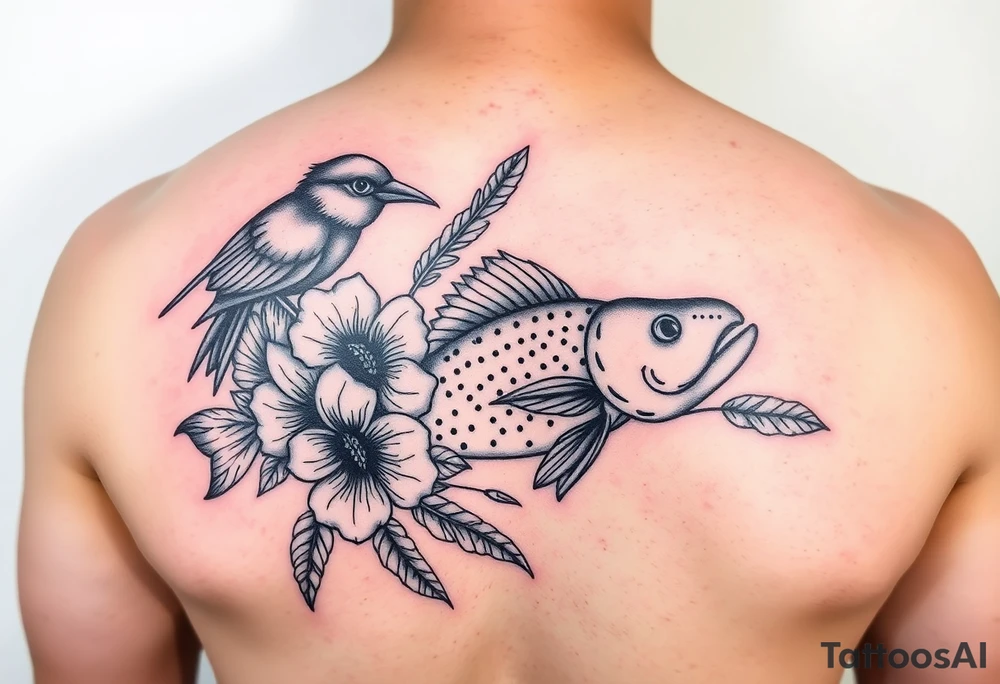 Exotic birds, Exotic flowers, Coy fish, a symbol of strength, a symbol of redemption, & with feathers tattoo idea