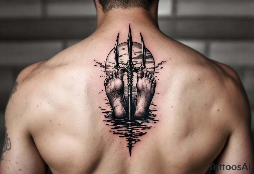 barefeet behind trident with water and sunset tattoo idea