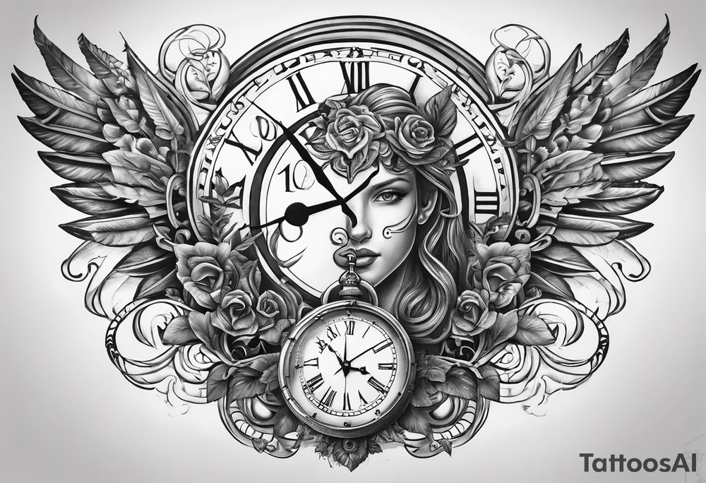 Caduceus with clock at 4:09 and remember to live in latin tattoo idea