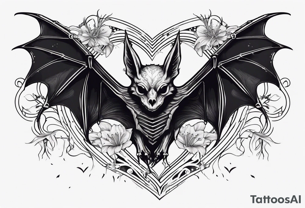 Evil bat holding a lycoris radiata, skeleton hands making heart shape with fingers around the bat, lycoris radiata accents surrounding the outside tattoo idea