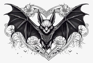 Evil bat holding a lycoris radiata, skeleton hands making heart shape with fingers around the bat, lycoris radiata accents surrounding the outside tattoo idea