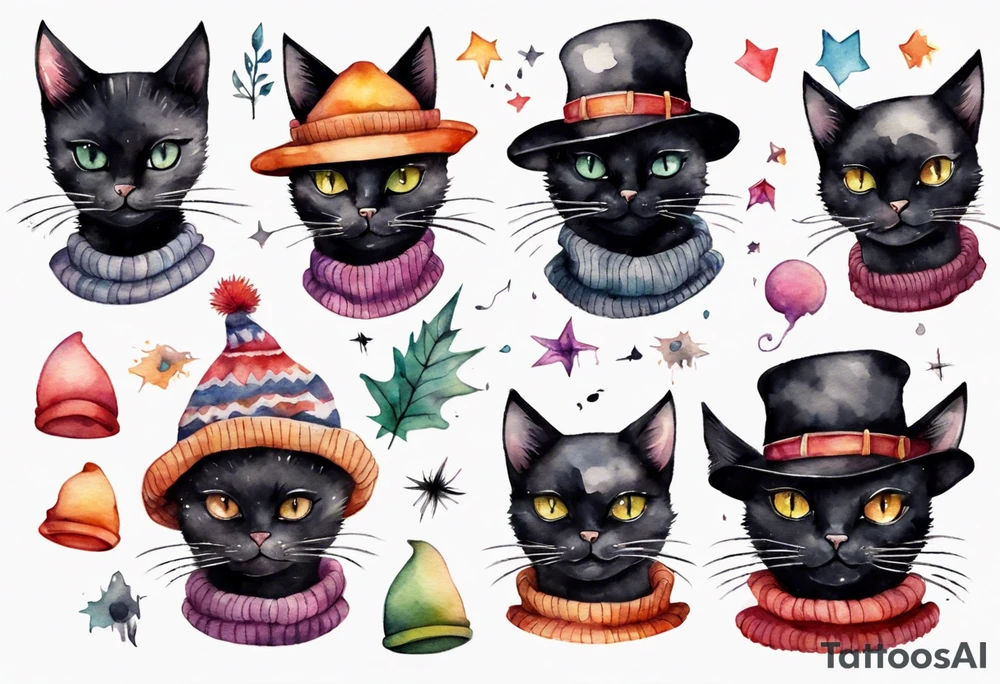 black cat with a funny hat and sweater tattoo idea